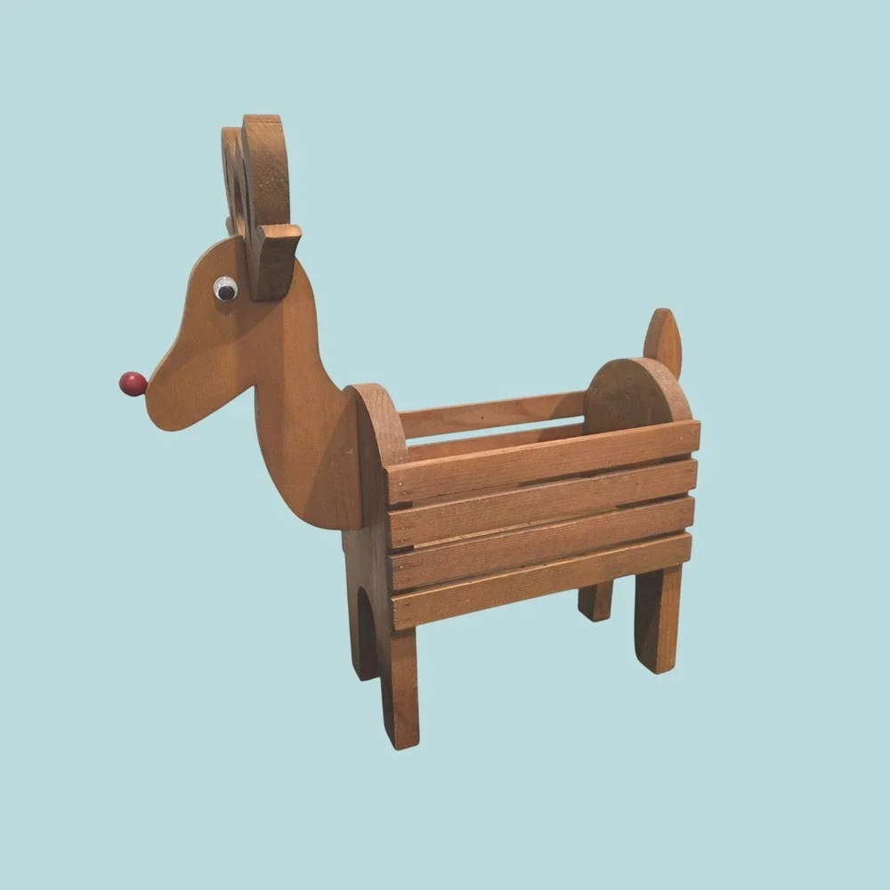 Vintage Rustic Wood Reindeer Planter, Christmas Holiday Rudolph Storage Box 16